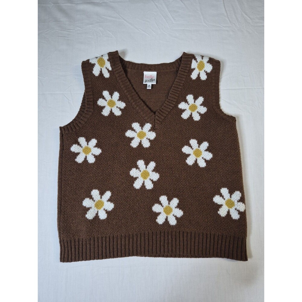 Belle Du Jour Women's Sweater Size Medium Brown Daisy Flower Sleeveless V-Neck